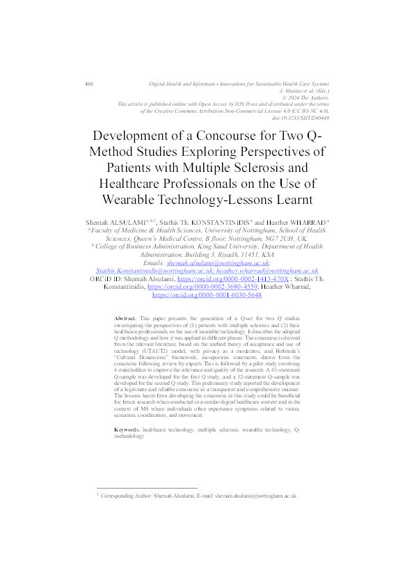 Development of a Concourse for Two Q-Method Studies Exploring Perspectives of Patients with Multiple Sclerosis and Healthcare Professionals on the Use of Wearable Technology-Lessons Learnt Thumbnail