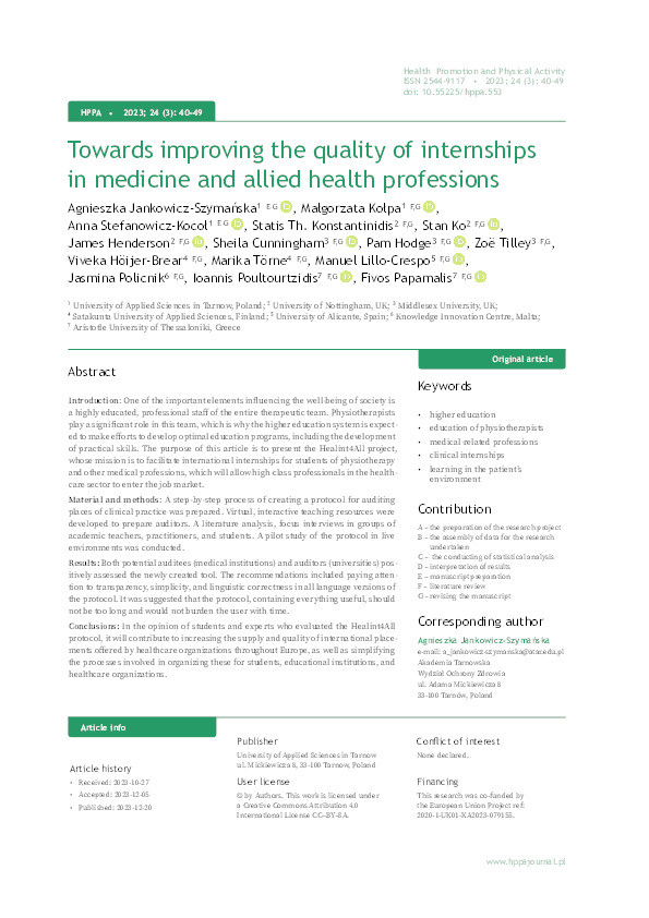 Towards improving the quality of internships in medicine and allied health professions Thumbnail