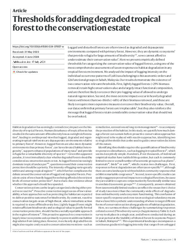 Thresholds for adding degraded tropical forest to the conservation estate Thumbnail