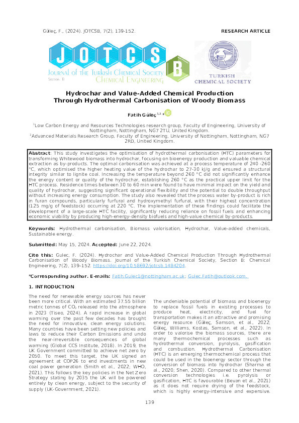 Hydrochar and Value-Added Chemical Production Through Hydrothermal Carbonisation of Woody Biomass Thumbnail