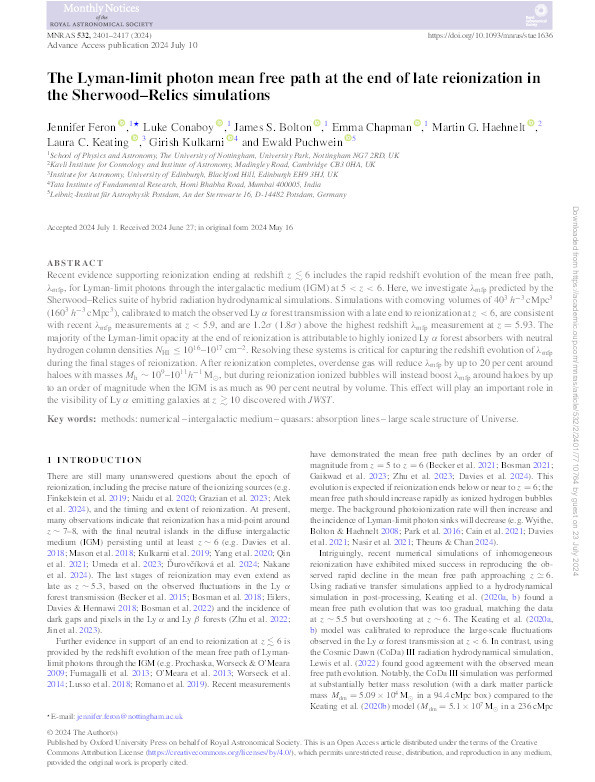 The Lyman-limit photon mean free path at the end of late reionization in the Sherwood–Relics simulations Thumbnail