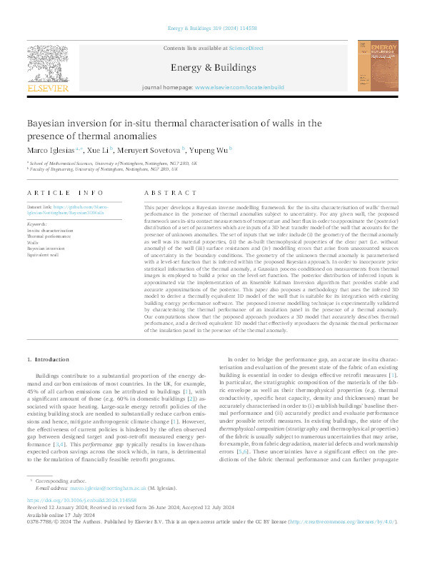 Bayesian inversion for in-situ thermal characterisation of walls in the presence of thermal anomalies Thumbnail