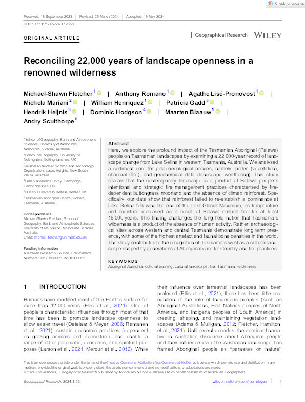 Reconciling 22,000 years of landscape openness in a renowned wilderness Thumbnail