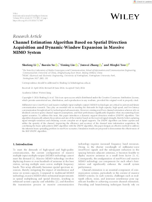 Channel Estimation Algorithm Based on Spatial Direction Acquisition and Dynamic‐Window Expansion in Massive MIMO System Thumbnail