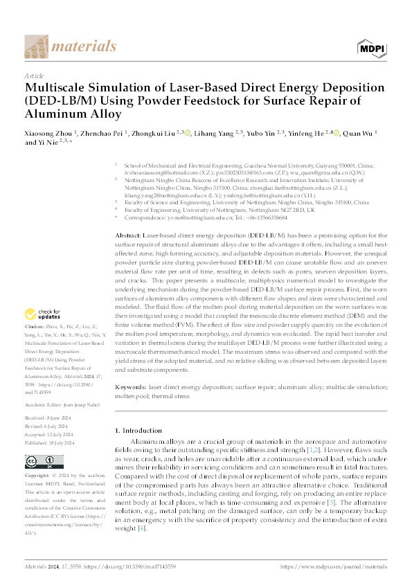 Multiscale Simulation of Laser-Based Direct Energy Deposition (DED-LB/M) Using Powder Feedstock for Surface Repair of Aluminum Alloy Thumbnail