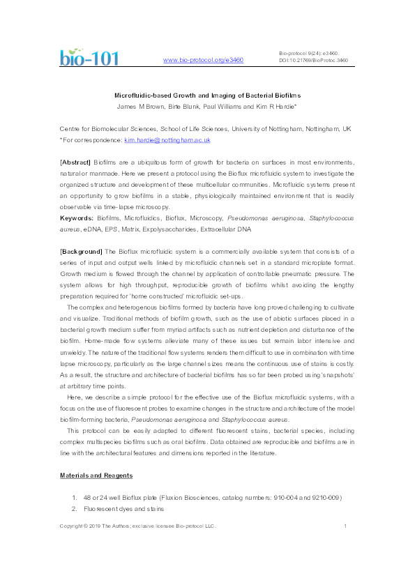 Microfluidic-based Growth and Imaging of Bacterial Biofilms Thumbnail