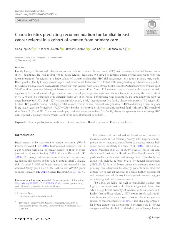 Characteristics predicting recommendation for familial breast cancer referral in a cohort of women from primary care Thumbnail