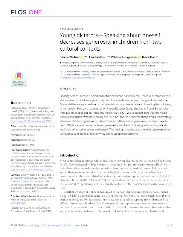 Young dictators—Speaking about oneself decreases generosity in children from two cultural contexts Thumbnail