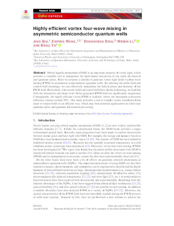 Highly efficient vortex four-wave mixing in asymmetric semiconductor quantum wells Thumbnail