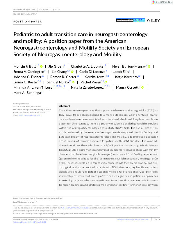 Pediatric to adult transition care in neurogastroenterology and motility: A position paper from the American Neurogastroenterology and Motility Society and European Society of Neurogastroenterology and Motility Thumbnail