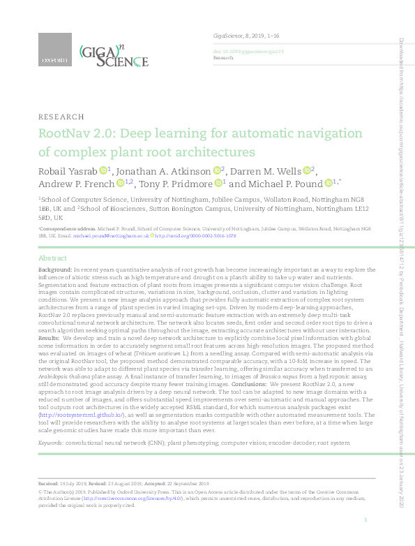 RootNav 2.0: Deep learning for automatic navigation of complex plant root architectures Thumbnail