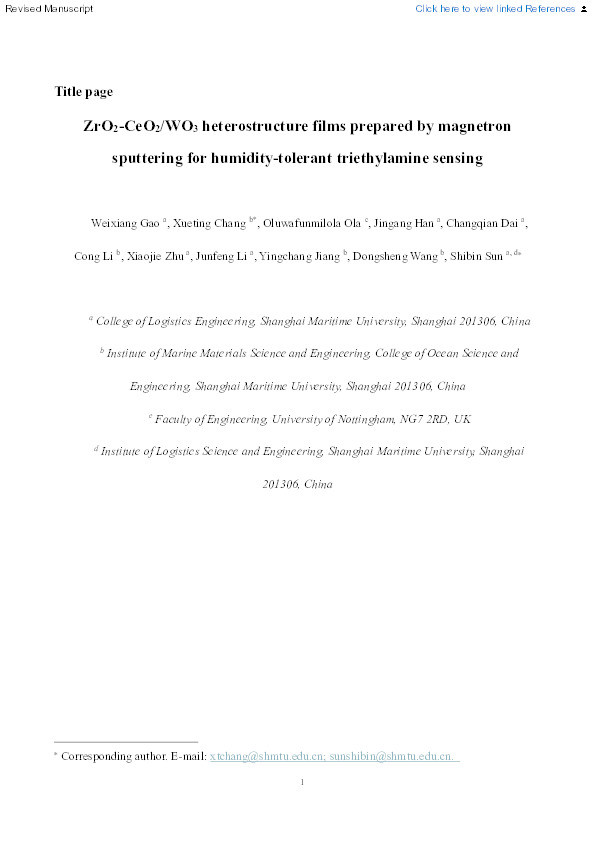 ZrO2-CeO2/WO3 heterostructure films prepared by magnetron sputtering for humidity-tolerant triethylamine sensing Thumbnail