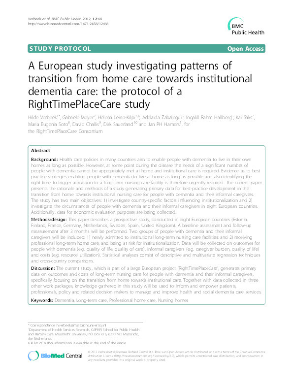 A European study investigating patterns of transition from home care towards institutional dementia care: The protocol of a RightTimePlaceCare study Thumbnail