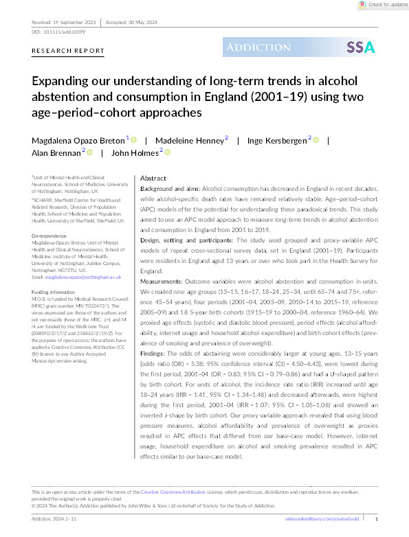 Expanding our understanding of long‐term trends in alcohol abstention and consumption in England (2001–19) using two age–period–cohort approaches Thumbnail