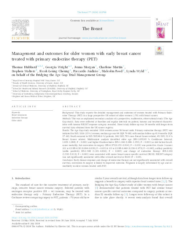 Management and outcomes for older women with early breast cancer treated with primary endocrine therapy (PET) Thumbnail