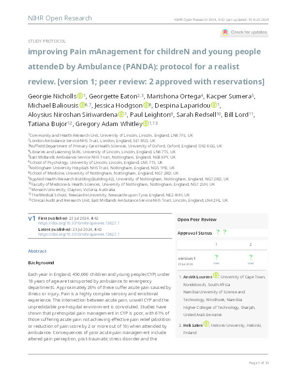 improving Pain mAnagement for childreN and young people attendeD by Ambulance (PANDA): protocol for a realist review [version 1; peer review: 2 approved with reservations] Thumbnail