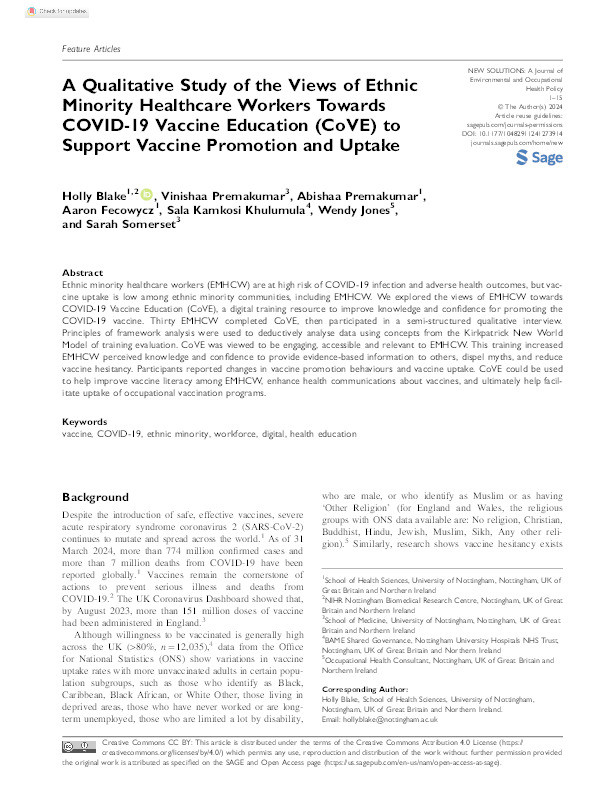 A qualitative study of the views of ethnic minority healthcare workers towards COVID-19 Vaccine Education (CoVE) to support vaccine promotion and uptake Thumbnail