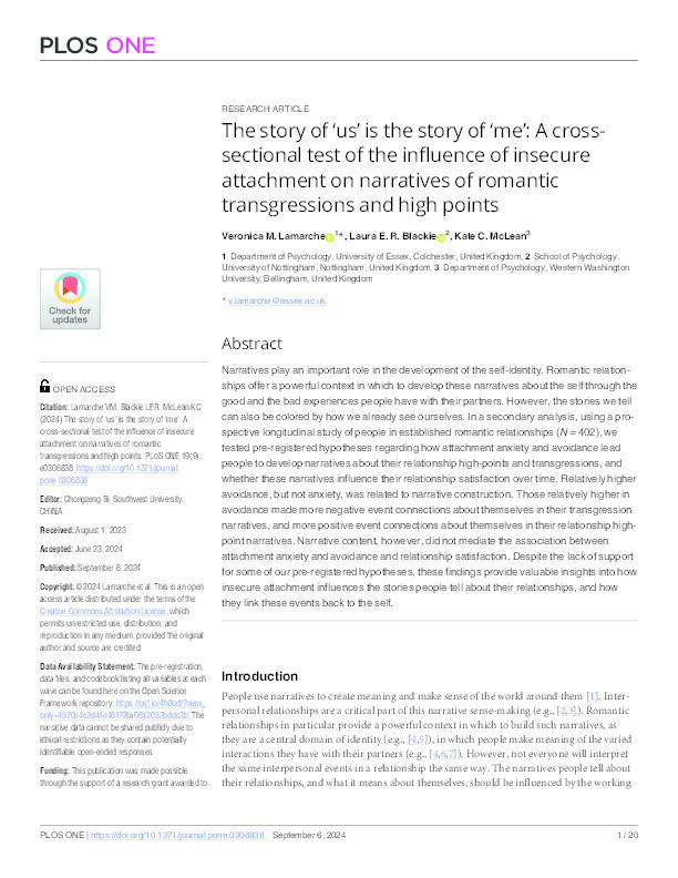 The story of 'us' is the story of 'me': A cross-sectional test of the influence of insecure attachment on narratives of romantic transgressions and high points Thumbnail