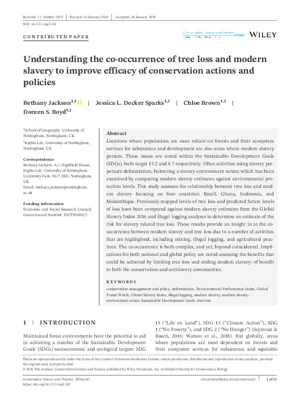 Understanding the co‐occurrence of tree loss and modern slavery to improve efficacy of conservation actions and policies Thumbnail