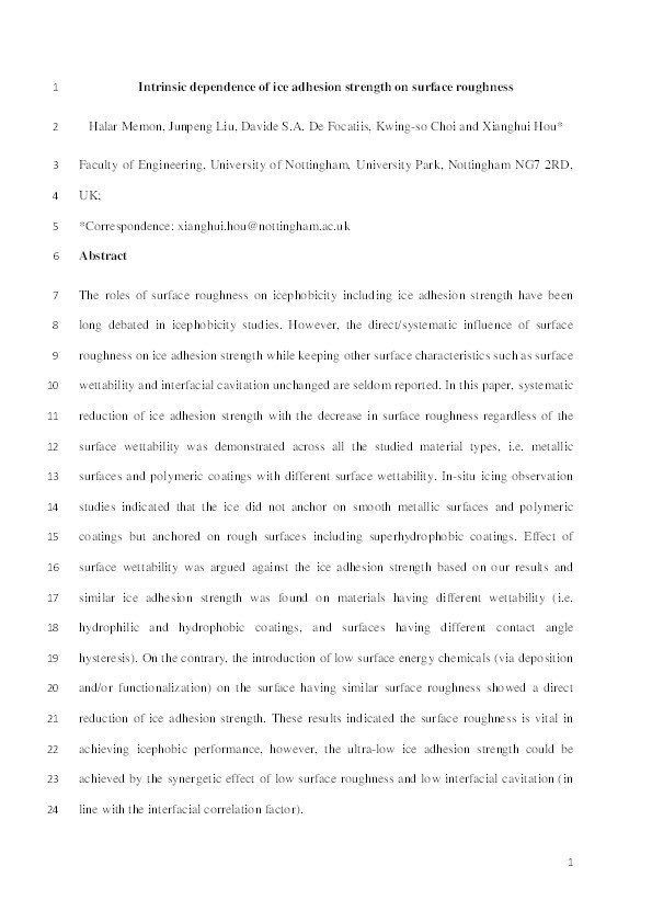 Intrinsic dependence of ice adhesion strength on surface roughness Thumbnail