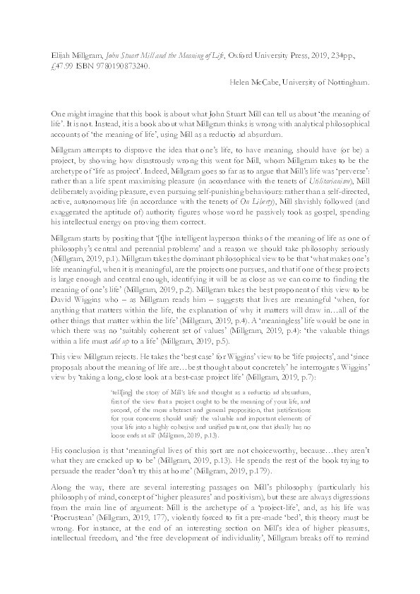 Elijah Millgram, John Stuart Mill and the Meaning of Life, Oxford University Press, 2019, 248pp., $74.00 (hbk), ISBN 9780190873240 Thumbnail