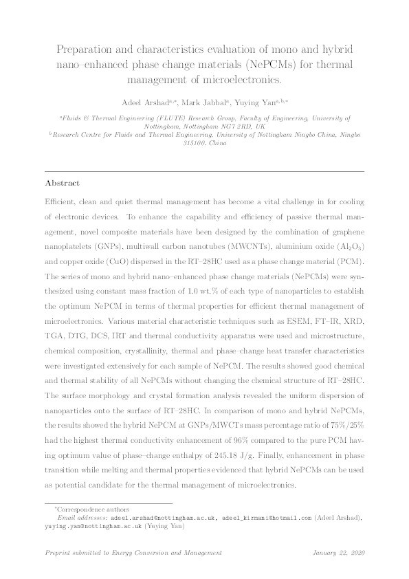 Preparation and characteristics evaluation of mono and hybrid nano-enhanced phase change materials (NePCMs) for thermal management of microelectronics Thumbnail