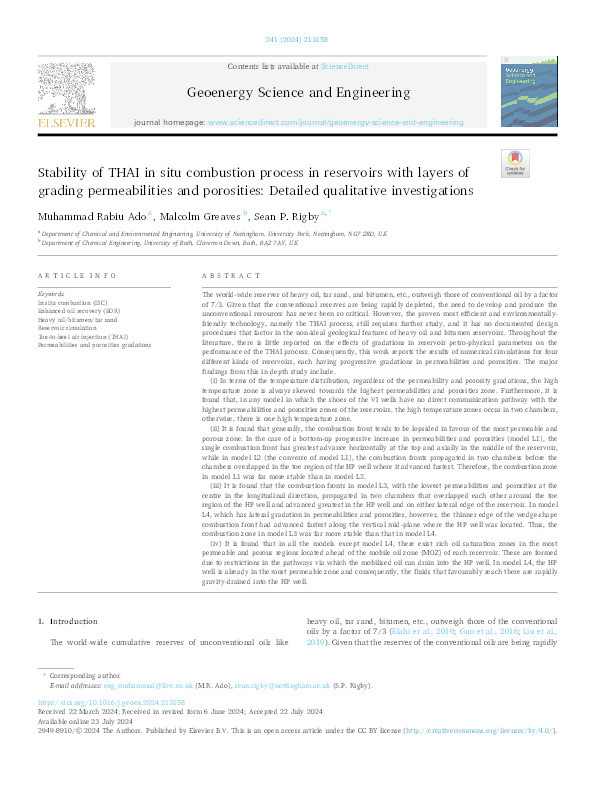 Stability of THAI in situ combustion process in reservoirs with layers of grading permeabilities and porosities: Detailed qualitative investigations Thumbnail