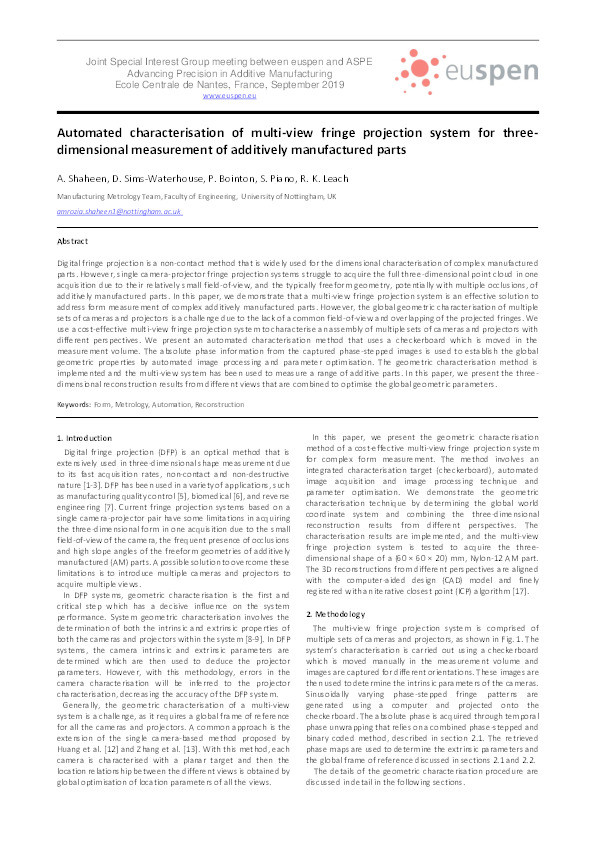 Automated characterisation of multi-view fringe projection system for three- dimensional measurement of additively manufactured parts Thumbnail