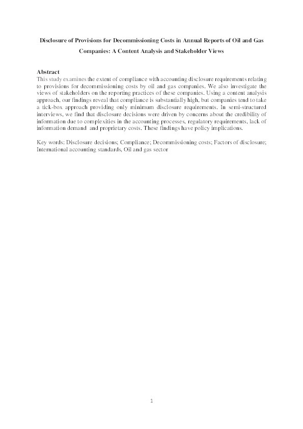 Disclosure of provisions for decommissioning costs in annual reports of oil and gas companies: A content analysis and stakeholder views Thumbnail