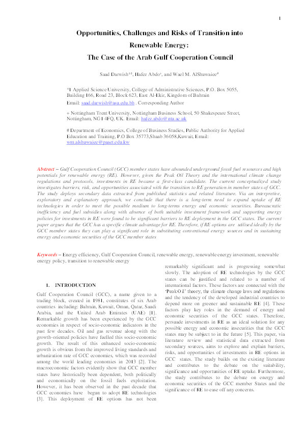 Opportunities, Challenges And Risks Of Transition Into Renewable Energy : The Case Study Of Arab Gulf Cooperation Council Thumbnail