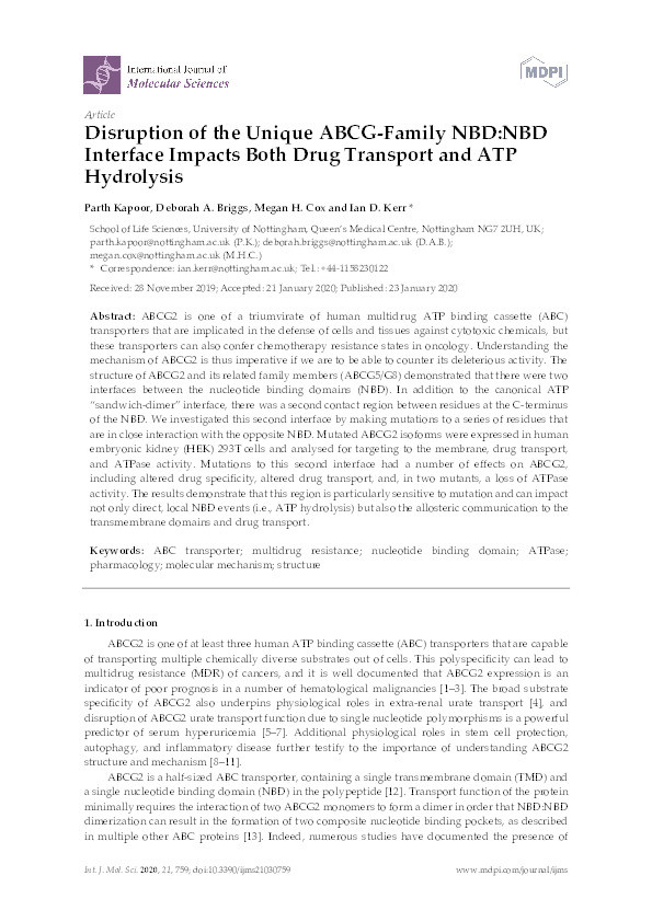 Disruption of the Unique ABCG-Family NBD:NBD Interface Impacts Both Drug Transport and ATP Hydrolysis Thumbnail