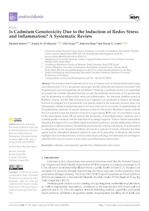 Is Cadmium Genotoxicity Due to the Induction of Redox Stress and Inflammation? A Systematic Review Thumbnail