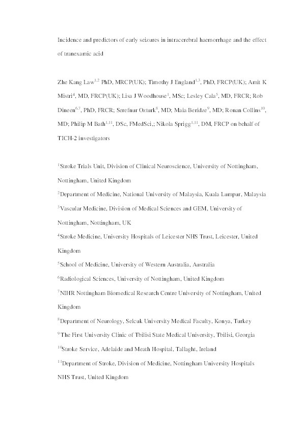 Incidence and predictors of early seizures in intracerebral haemorrhage and the effect of tranexamic acid Thumbnail