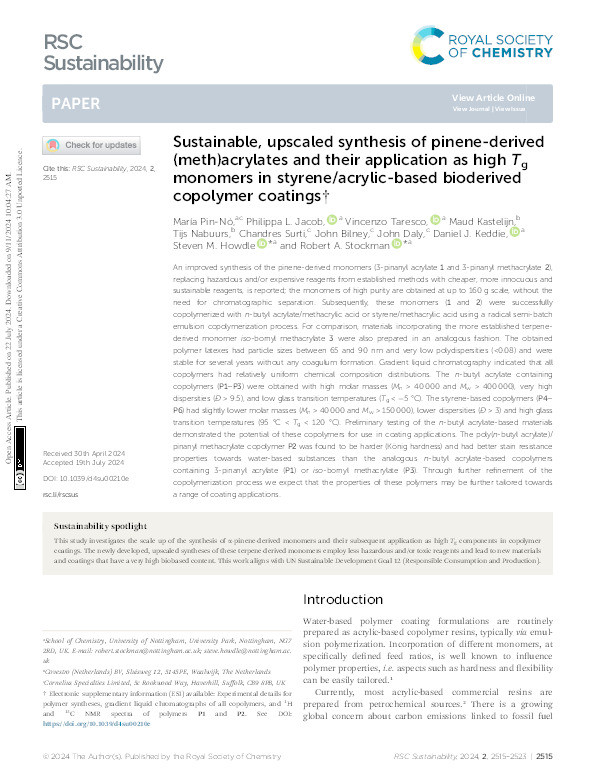 Sustainable, upscaled synthesis of pinene-derived (meth)acrylates and their application as high Tg monomers in styrene/acrylic-based bioderived copolymer coatings Thumbnail