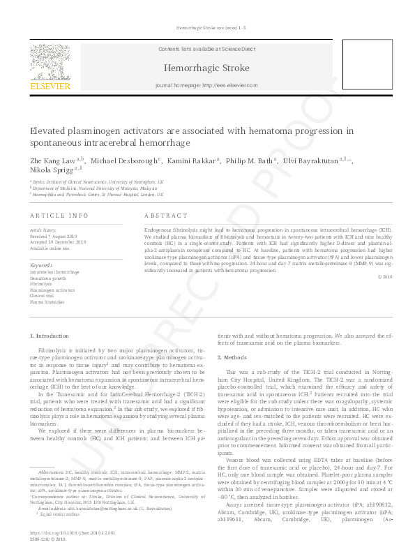 Elevated plasminogen activators are associated with hematoma progression in spontaneous intracerebral hemorrhage Thumbnail