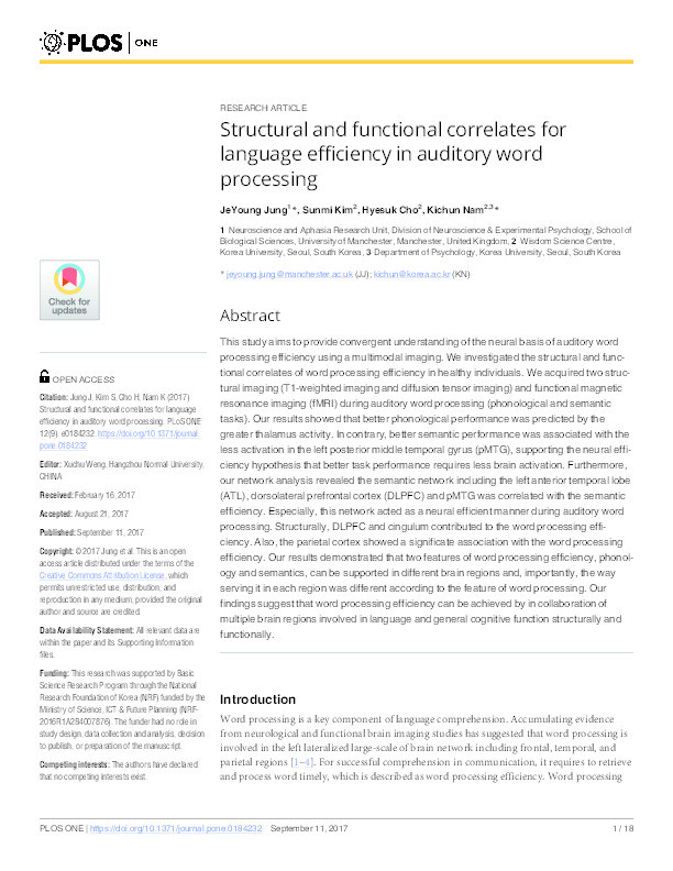 Structural and functional correlates for language efficiency in auditory word processing Thumbnail