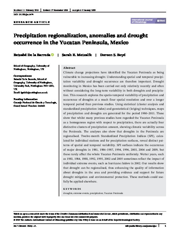 Precipitation regionalization, anomalies and drought occurrence in the Yucatan Peninsula, Mexico Thumbnail