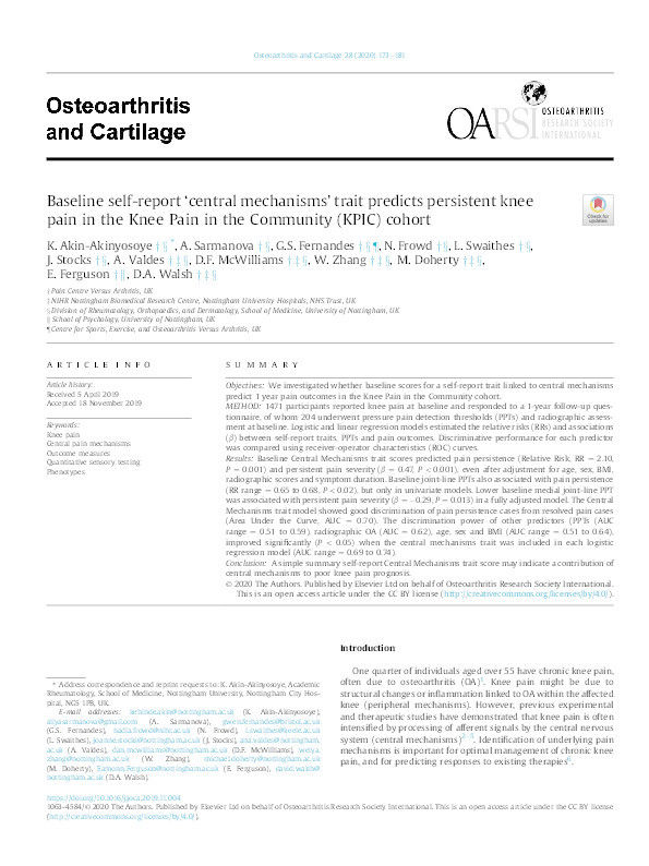 Baseline self-report ‘central mechanisms’ trait predicts persistent knee pain in the Knee Pain in the Community (KPIC) cohort Thumbnail