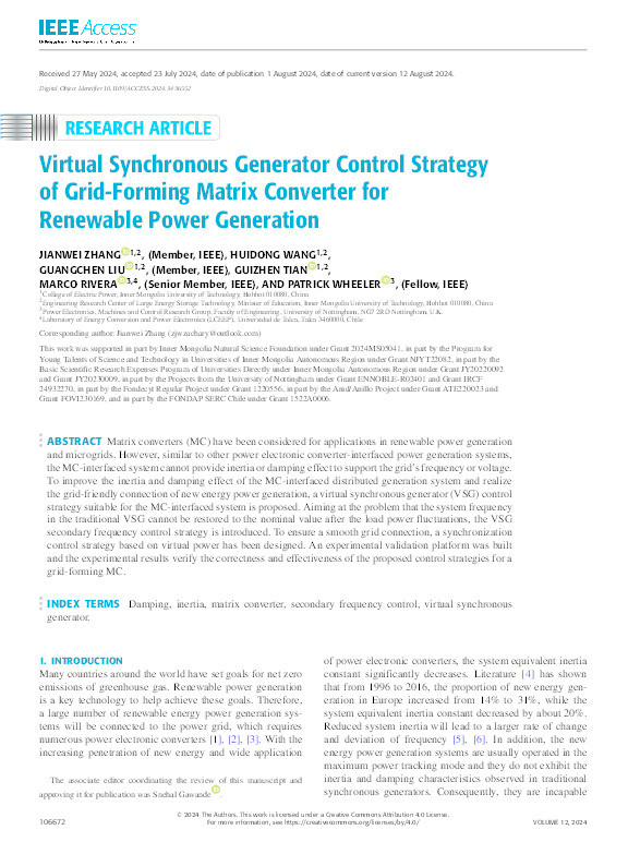 Virtual Synchronous Generator Control Strategy of Grid-Forming Matrix Converter for Renewable Power Generation Thumbnail