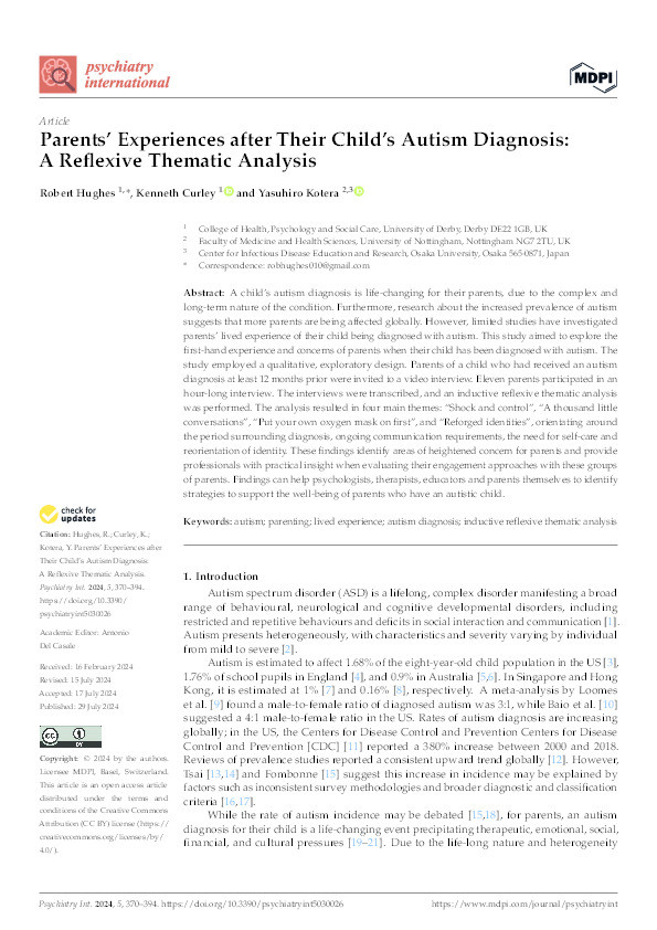 Parents’ Experiences after Their Child’s Autism Diagnosis: A Reflexive Thematic Analysis Thumbnail