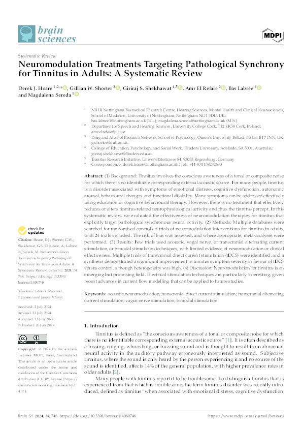 Neuromodulation Treatments Targeting Pathological Synchrony for Tinnitus in Adults: A Systematic Review Thumbnail