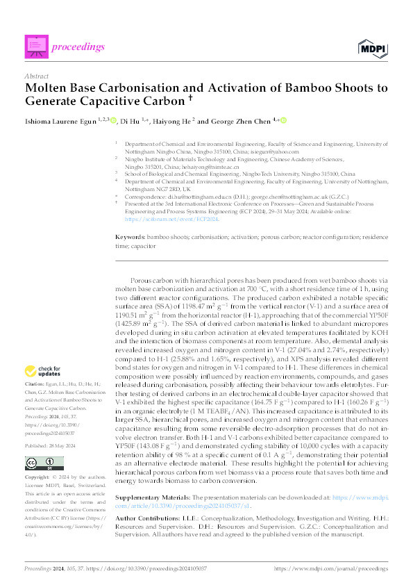 Molten Base Carbonisation and Activation of Bamboo Shoots to Generate Capacitive Carbon Thumbnail