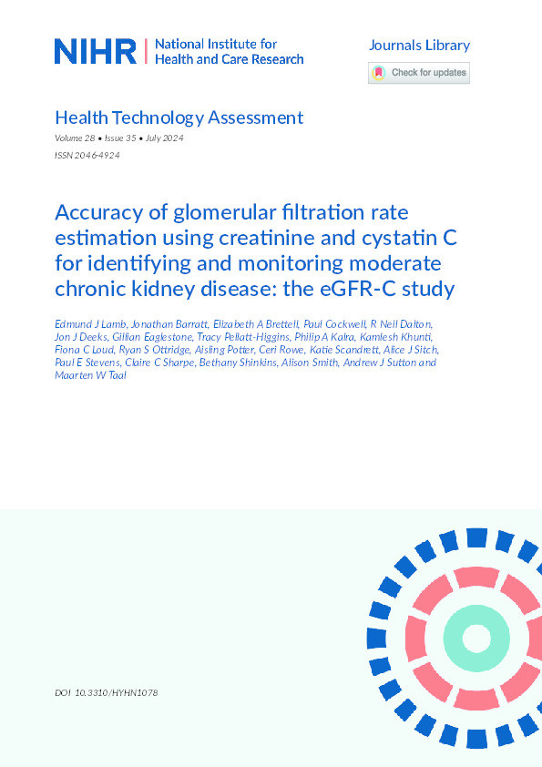 Accuracy of glomerular filtration rate estimation using creatinine and cystatin C for identifying and monitoring moderate chronic kidney disease: the eGFR-C study. Thumbnail