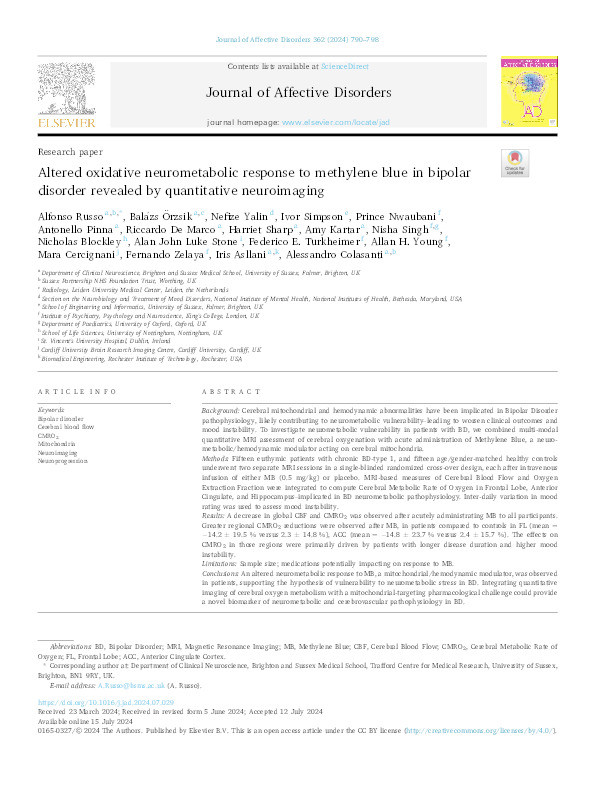 Altered oxidative neurometabolic response to methylene blue in bipolar disorder revealed by quantitative neuroimaging Thumbnail