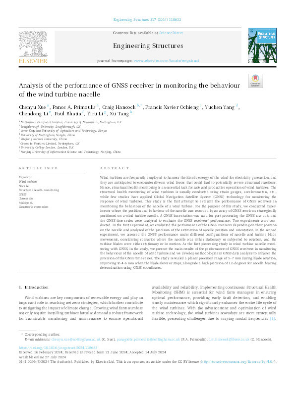 Analysis of the performance of GNSS receiver in monitoring the behaviour of the wind turbine nacelle Thumbnail