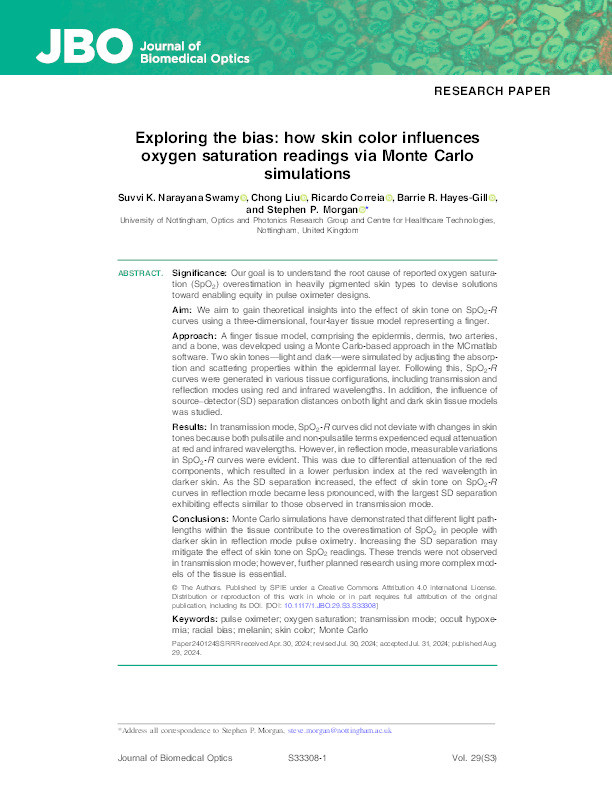 Exploring the Bias: How Skin Colour Influences Oxygen Saturation Readings via Monte Carlo Simulations Thumbnail