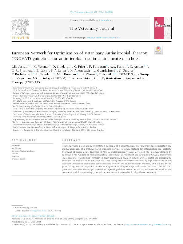 European Network for Optimization of Veterinary Antimicrobial Therapy (ENOVAT) guidelines for antimicrobial use in canine acute diarrhoea Thumbnail