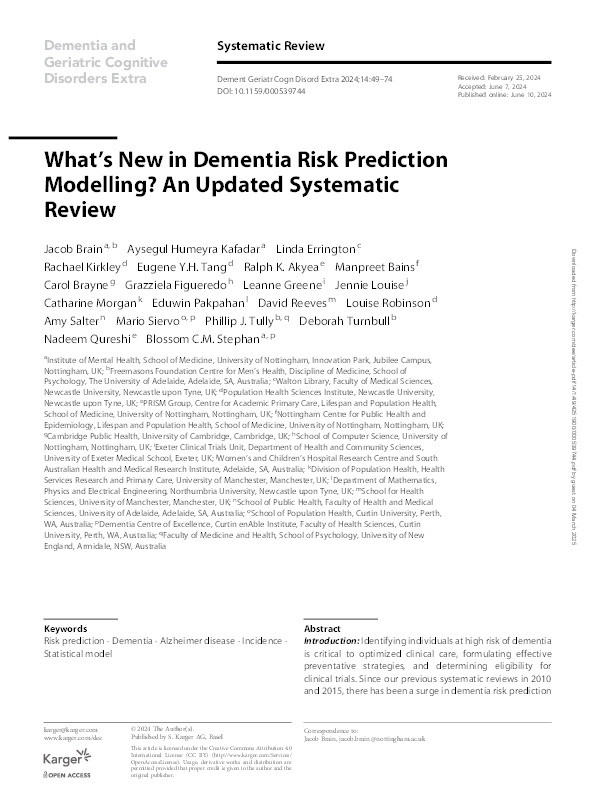 What's New in Dementia Risk Prediction Modelling? An Updated Systematic Review Thumbnail