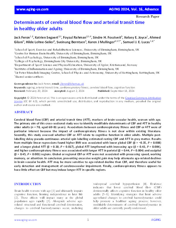 Determinants of cerebral blood flow and arterial transit time in healthy older adults Thumbnail