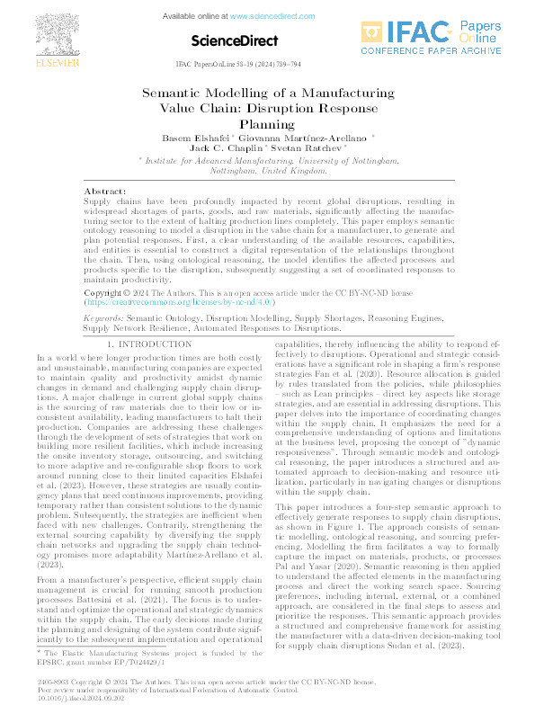 Semantic Modelling of a Manufacturing Value Chain: Disruption Response Planning Thumbnail